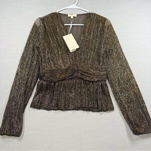 Parker Olivia Metallic Stripe V Neck Top XS Sheer Long Sleeve Peplum Festive